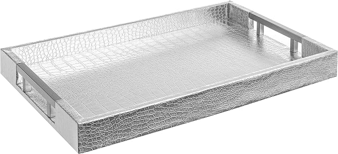 Modern Elegant 17.5"x12" Rectangle Glossy Silver Crocodile Faux Leather Tray by HomeRedefined
