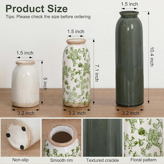 Vintage Ceramic Vase Set of 3, Flower Small Chinoiserie Vase Rustic Modern - Image 2
