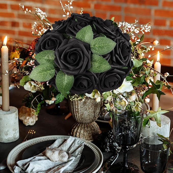 AmyHomie Black Rose 25pcs Real Looking Artificial Flowers w/Stem | Bouquet - Image 5
