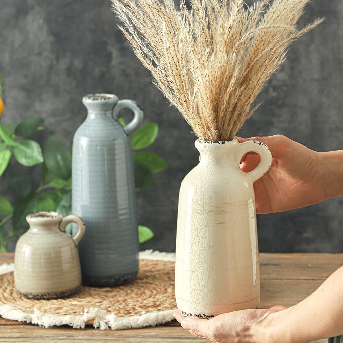 Ceramic Vases Set of 3, Neutral Rustic Farmhouse Vase - Image 4