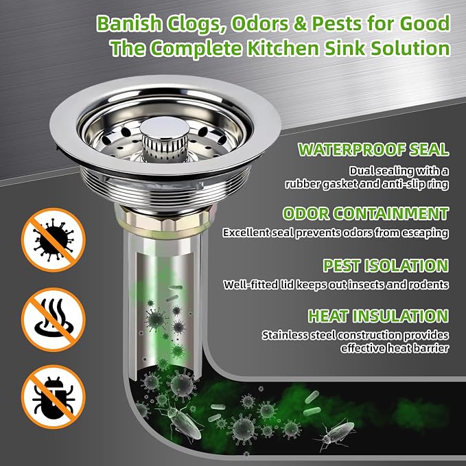 3 In 1 Kitchen Sink Drain Assembly, Stainless Steel Basket Strainer, 3-1/2 Inch - Image 6