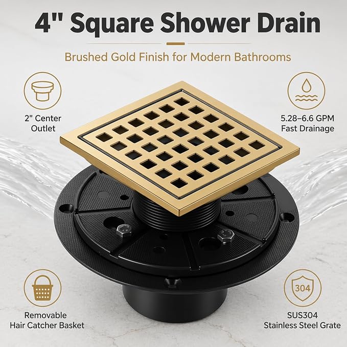 4" Brushed Gold Shower Drain, Square Shower Floor Drain - Image 3