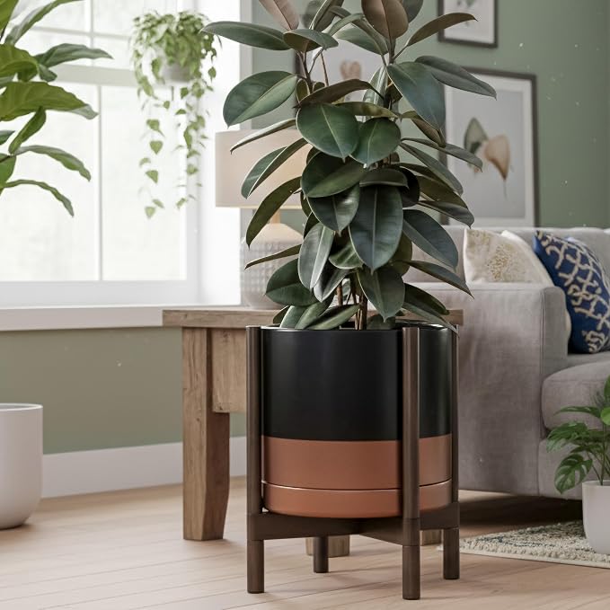 D'vine Dev Ceramic Pot with Walnut Wood Stand, 14 in, 55-B-T-7 | Mid-Century - Image 4
