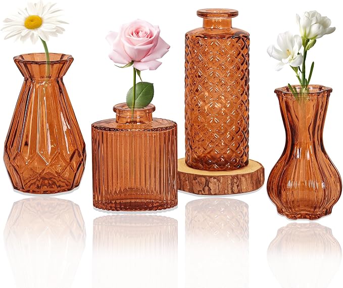 Set of 4 Glass Bud Vase Set, Small Vintage Clear Flower Vase Centerpieces by HAISIWLKJ
