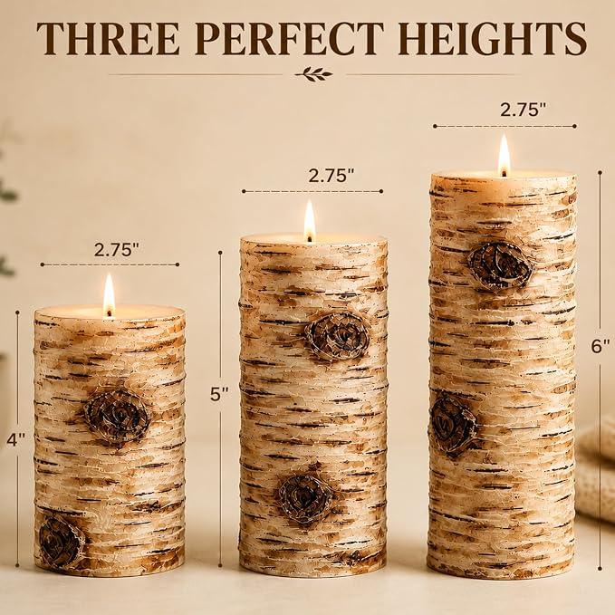 Rustic Birch Bark Pillar Candle Set of 3, Unscented Home Decor | Assorted Size - Image 3