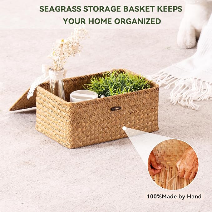 Nonam Large Wicker Basket with Lid, Seagrass Shelf Basket Set of 3, Nautral | - Image 7