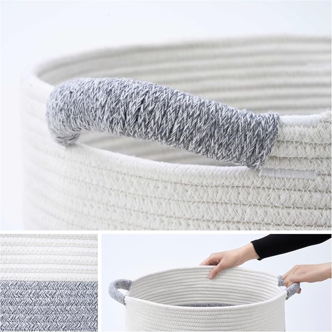 Blanket Basket for Living Room, Woven Rope Storage Basket | 16"D x 14"H | White - Image 2