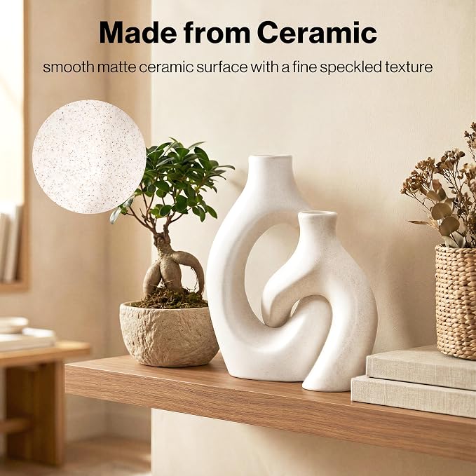 White Ceramic Vase Set of 2, Hollow Oval Flower Vases - Image 7