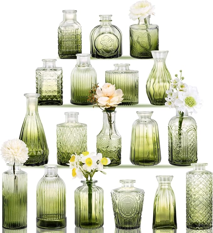 18pcs Green Glass Bud Vase Set, Small Flower Vases by Fixwal
