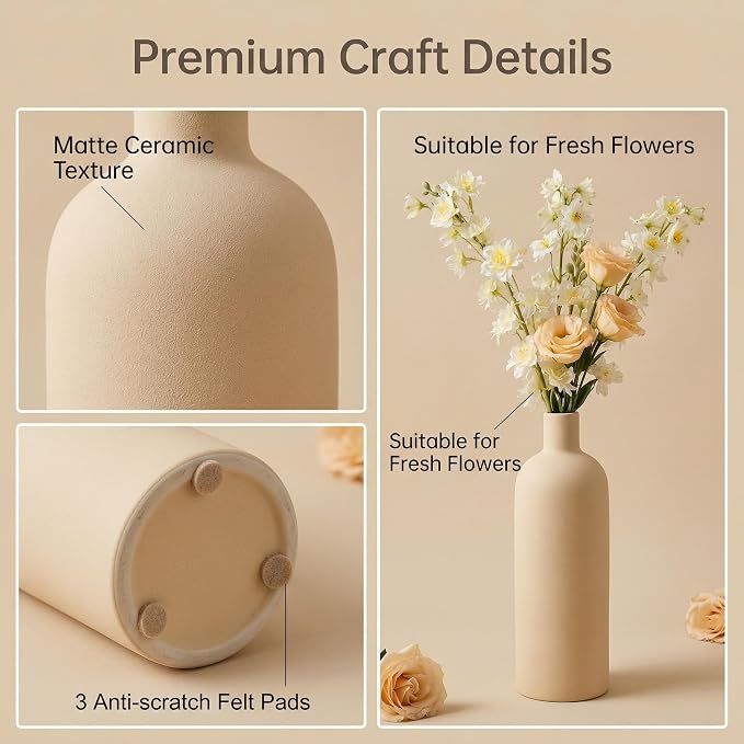 Beige Ceramic Vase Set of 4, Modern Neutral Colors Home Decor, Rustic Farmhouse - Image 5