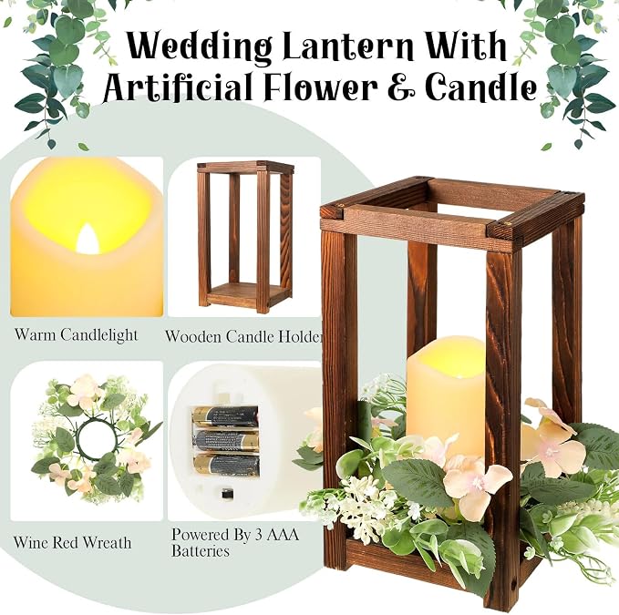 Hushee 30 Pcs Wooden Wedding Lantern Centerpiece Candles Wreaths Set, LED - Image 5