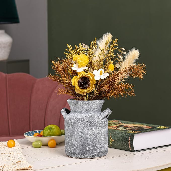 Quoowiit Ceramic Rustic Farmhouse Vase, Distressed Decorative Flower Vases - Image 6