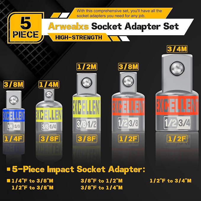 5 Piece Socket Adapter and Reducer Set, 1/4" 3/8" 1/2" Drive Impact Socket - Image 2