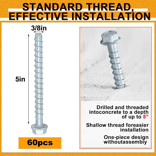 Hicarer 60 Pack 3/8 x 5 Inch Concrete Screws Galvanized Anchor Bolts | Zinc - Image 2