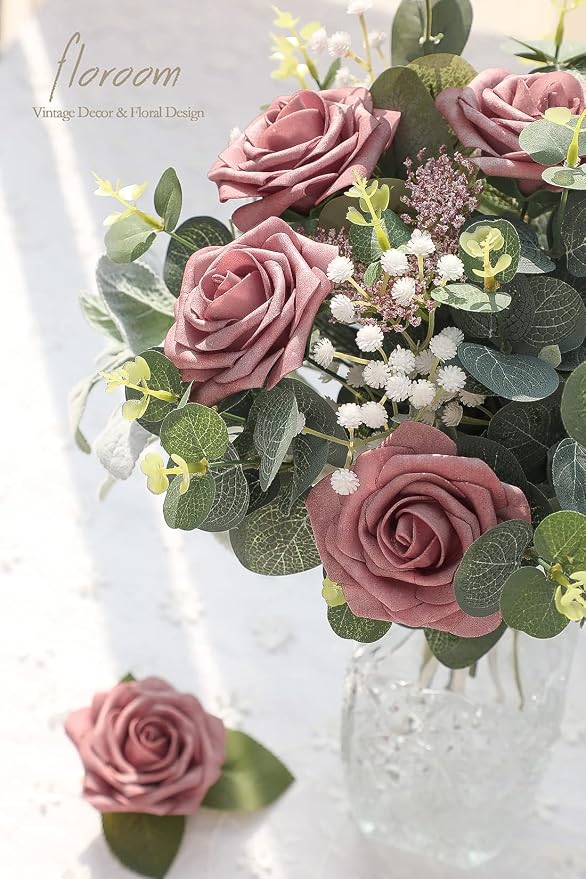 Artificial Flowers 25pcs Real Looking Dusty Rose Foam Fake Roses - Image 2