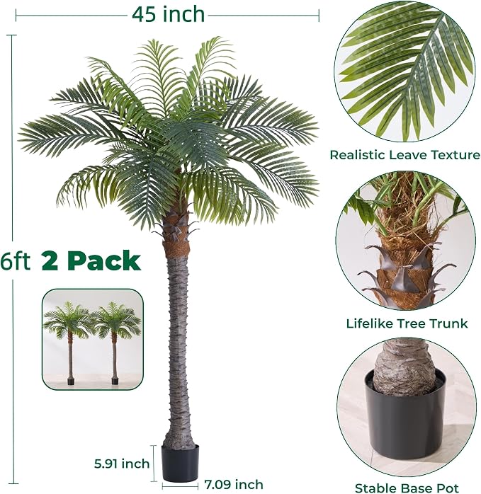 6FT Artificial Coconut Palm Set of 2, Faux Palm Tree in Pot | Thick Trunk - Image 2