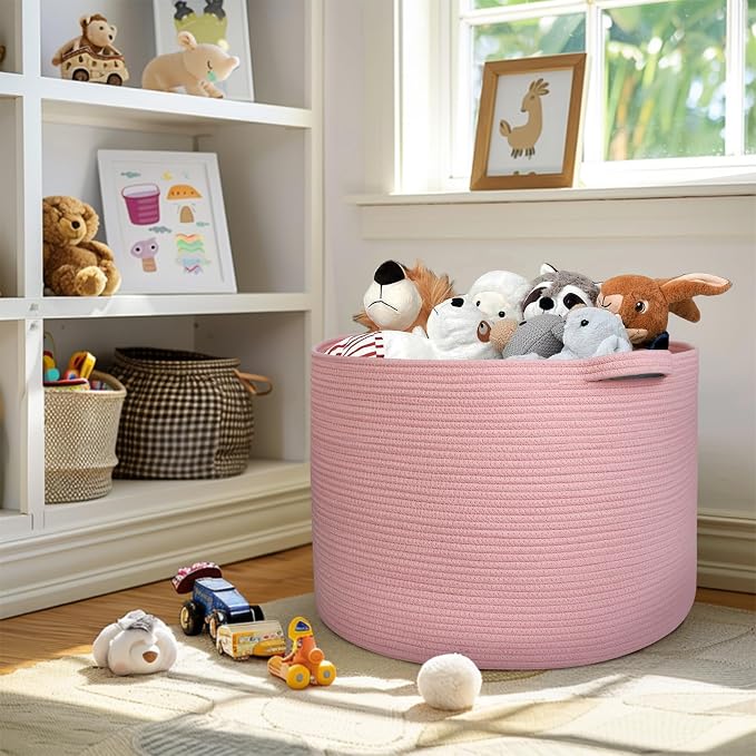 115L Oversized Pink Basket, 23.6"x15.7" Woven Cotton Rope Bin - Image 6