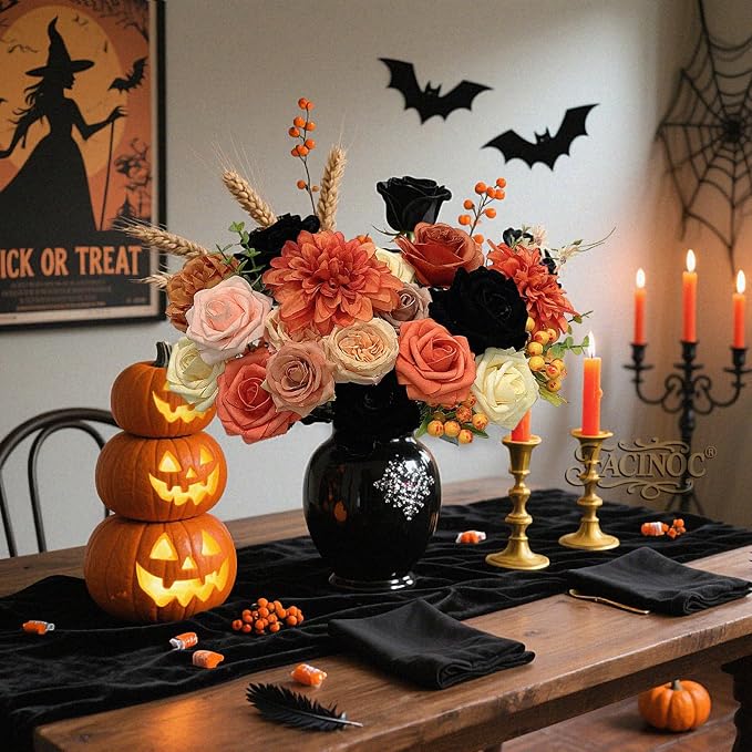 FACINOC Roses Artificial Flowers Fall Orange Black Bouquet Combo - Image 3