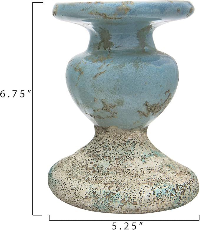 Creative Co-Op Large Distressed Blue Terracotta Pillar Candle Holder, 5.5" W x - Image 2