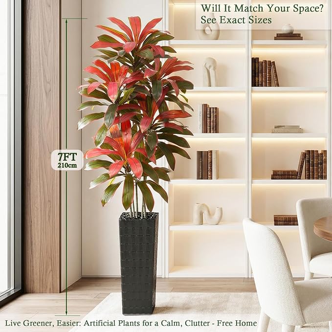 Artificial Dracaena Tree: 7FT Fake Plants Silk Faux Trees（Black Pot） | - Image 2