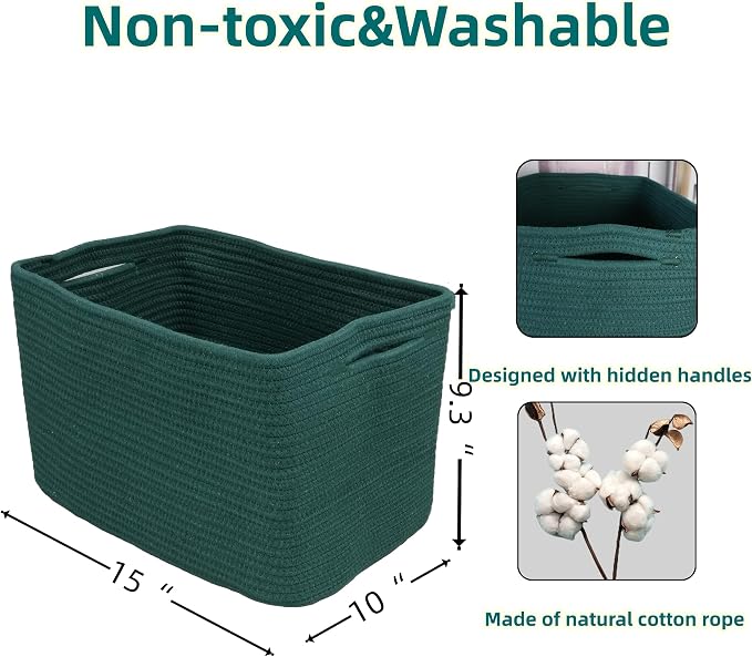 XUANGUO Woven Cotton Rope Storage Baskets 15x10x9.3" 3 Pack Dark Green | - Image 2