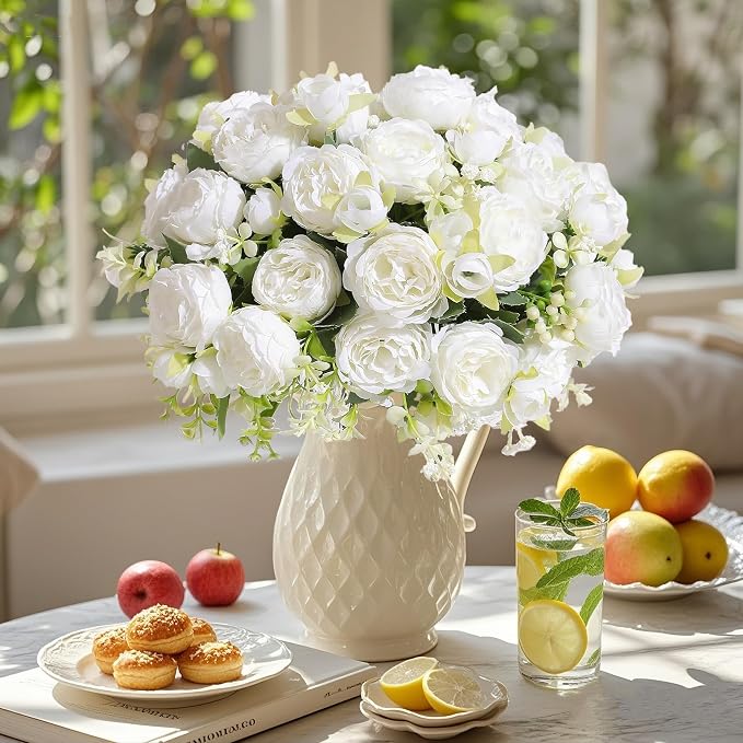 12 Bundles Peonies Artificial White Flowers Bouquet, Lifelike Silk Fake Peonies - Image 5
