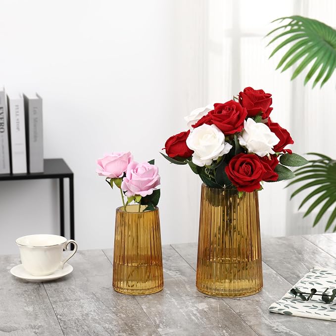 Ribbed Flower Vases Set of 2, Amber Vases - Image 4