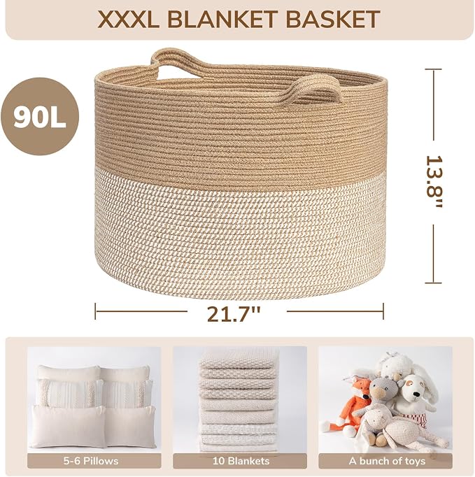 INDRESSME XXXLarge Woven Wicker Blanket Basket Living Room White Jute, 90L | - Image 7