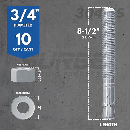 3/4" X 8-1/2" 304 Stainless Steel Wedge Anchors - Image 3