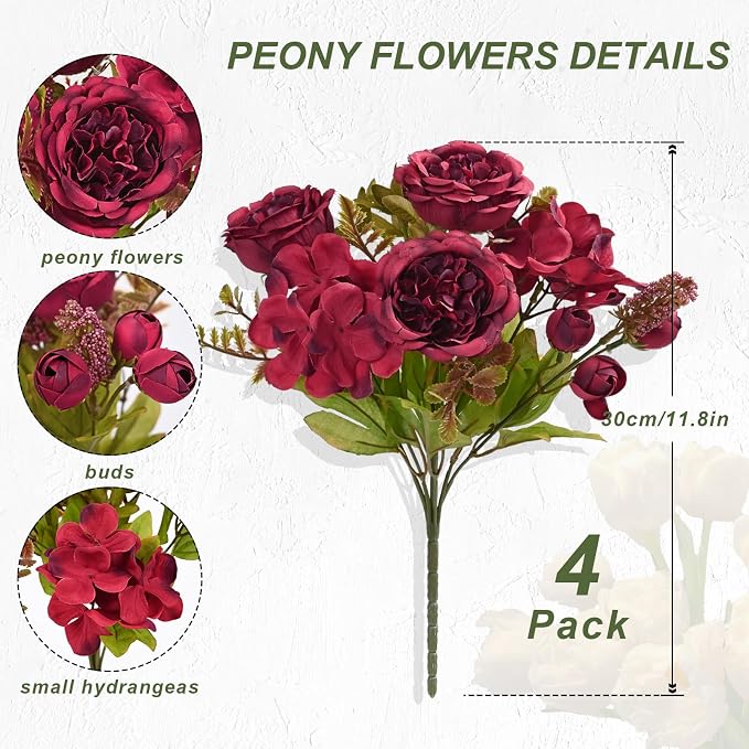 4 Packs Peonies Artificial Flowers Burgundy Silk Flowers Artificial Peonies | - Image 4