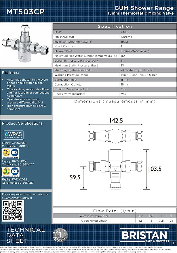 Bristan MT503CP TMV3 15mm Thermostatic Mixing Valve - Image 2
