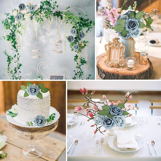 AmyHomie Dusty Blue Rose 25pcs Real Looking Artificial Flowers w/Stem | Bouquet - Image 5