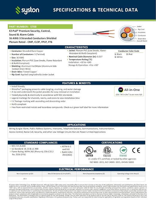 Syston 16/3 Fire Alarm Control Cable, Stranded Copper, CMP Shielded, 100 FT | - Image 2