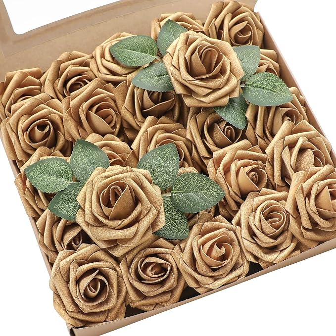 Artificial Flowers 25pcs Real Looking Antique Gold Foam Fake Roses by Floroom