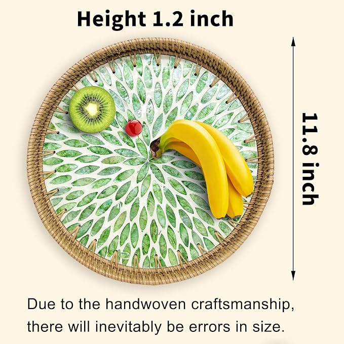 Round Rattan Tray with Mother of Pearl Inlay, Decorative Basket with Wooden Base - Image 2