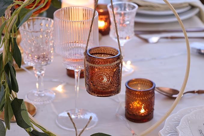 DEVI 24pcs Vintage Amber Votive Candle Holders, Amber Glass Tea Lights Candle - Image 2