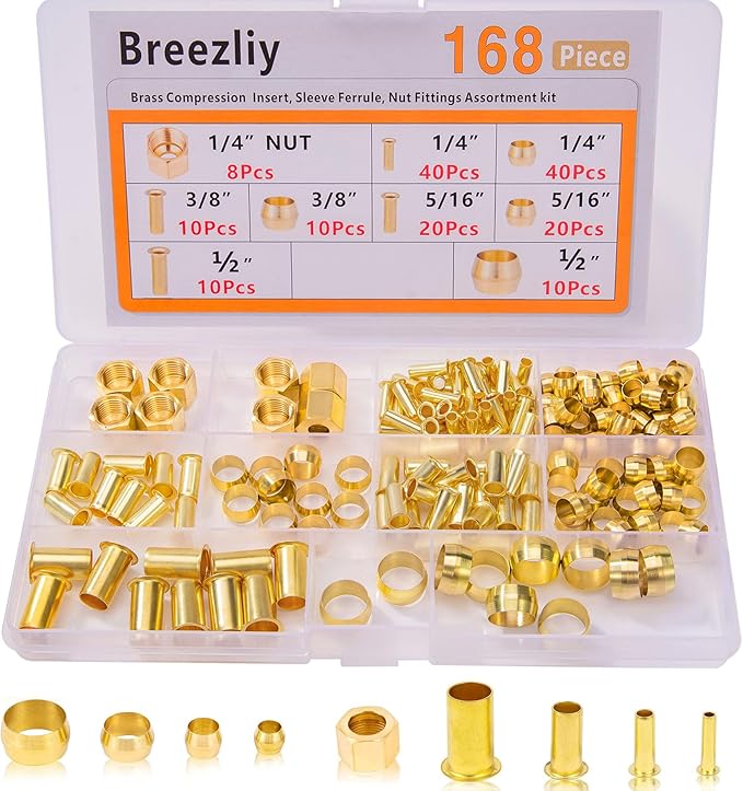 168PCS Tube OD（1/4" 5/16" 3/8" 1/2" Brass Compression Sleeves Ferrules & Insert by Breezliy