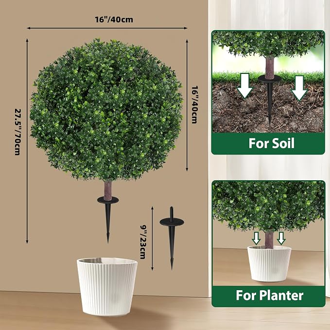 27.5" Artificial Boxwood Topiary Ball Tree, UV Resistant Faux Evergreen Boxwood - Image 4