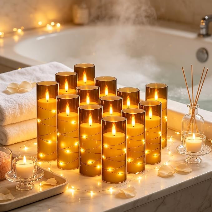 12 Pack Gray Acrylic Flameless Taper Candles, Flickering Black Wick LED Candles - Image 5