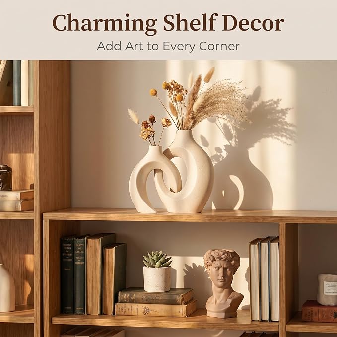 Aesthetic Cream White Ceramic Vase Set of 2, Snuggle Hollow Flower Vase Home - Image 2