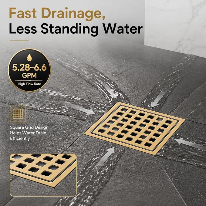 4" Brushed Gold Shower Drain, Square Shower Floor Drain - Image 4