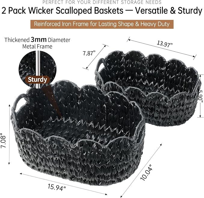 Coeusy Wicker Scalloped Basket Set of 2, Woven Storage Baskets - Image 4