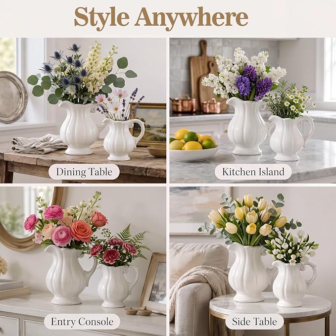 2 Pack White Ceramic Pitcher Vase Set Small Rustic, 7.1in | Decorative Flower - Image 3