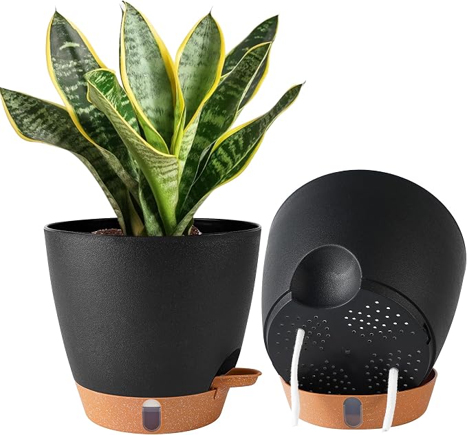 2 Pack 8 Inch Pots for Plants Indoor, Plastic Self Watering Planters | Drainage by Fielda