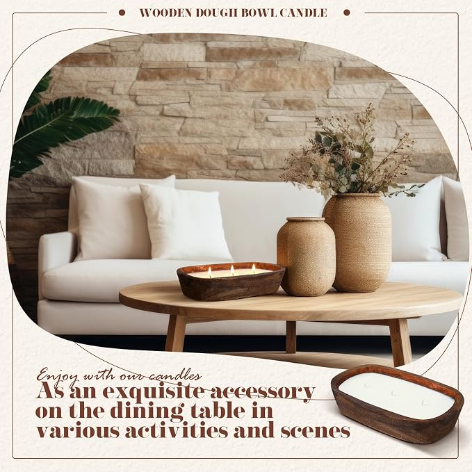Threlaco 1 Pack 10 Inch Wood Dough Bowl Candles Home Rustic Dough Bowl Soy - Image 6