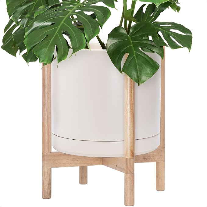 D'vine Dev Ceramic Pot with Natural Wood Stand, 14 in, 55-B-R-8 | Mid-Century by DvineDevPlanterPotsandStand