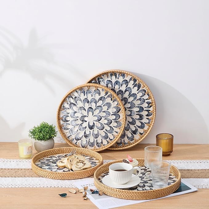Round Rattan Tray with Mother of Pearl Inlay, Rattan Serving Tray with Wooden - Image 5