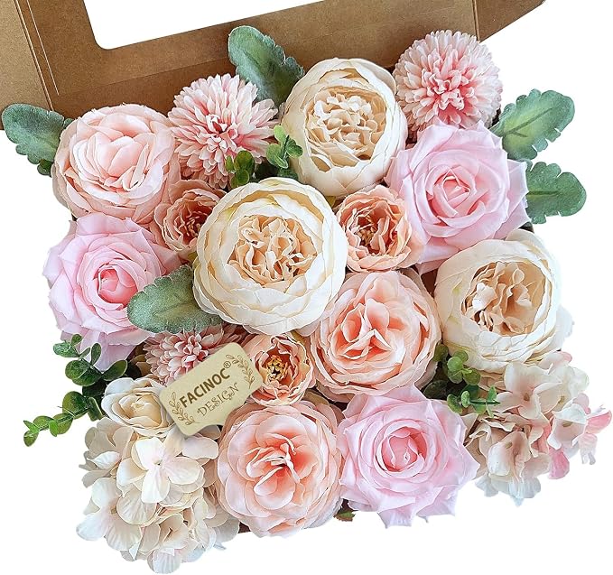 FACINOC Peonies Artificial Flowers Pink Silk Roses Blush Peony Bulk by FACINOC