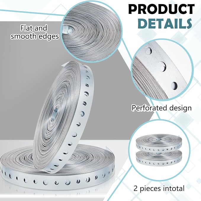 Gisafai 2 Rolls Galvanized Metal Pipe Strap 3/4 Inch x 100 ft Perforated Hanger - Image 3