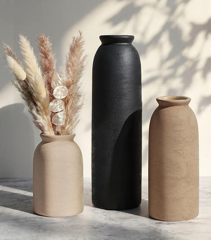 Ceramic Vase Set of 3, Small Flower Rustic Vase Home Decor Neutral Modern by FancyPlus